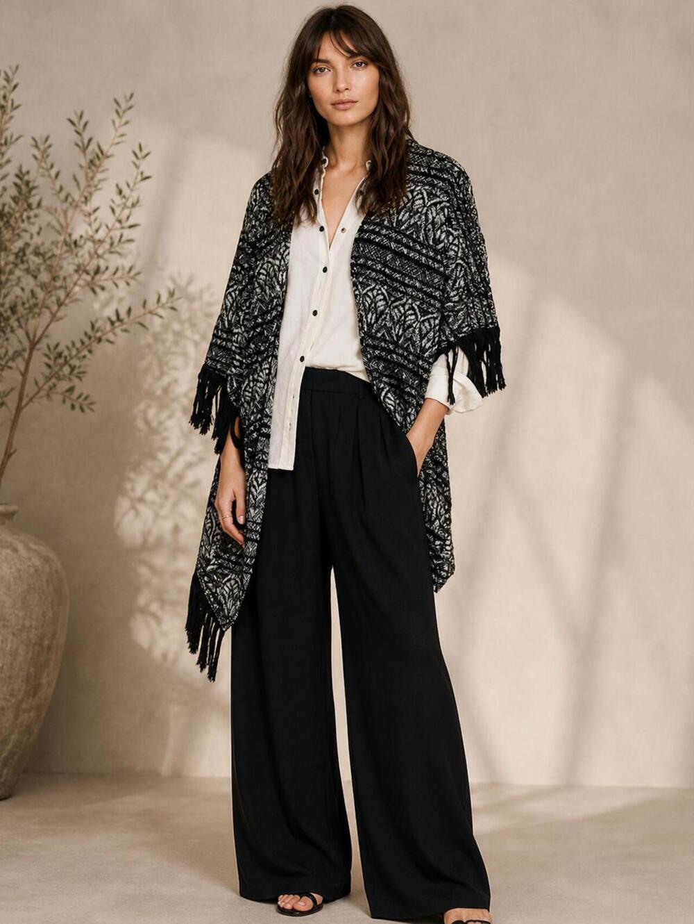 Free People Kimono M/L Black White Fringe Boho Festival Western Medium Large